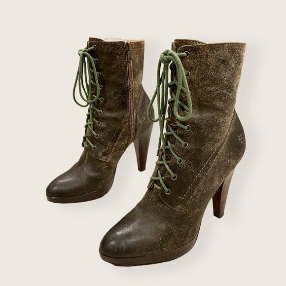 Frye Harlow Campus Lace Up Brown/Olive Green Suede Heeled Zip Up Ankle Booties - Picture 4 of 10